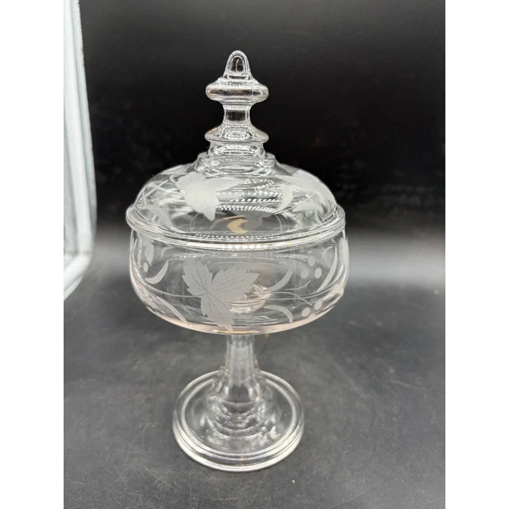 Vintage Etched Glass Pedestal Candy Dish with Lid Leaf Vine Footed Compote Clear